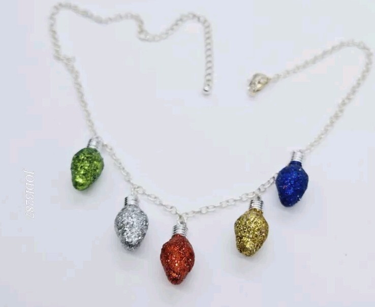 Christmas Necklace String of Light Bulbs Glitter Bulbs Silver tone Vintage 21 in