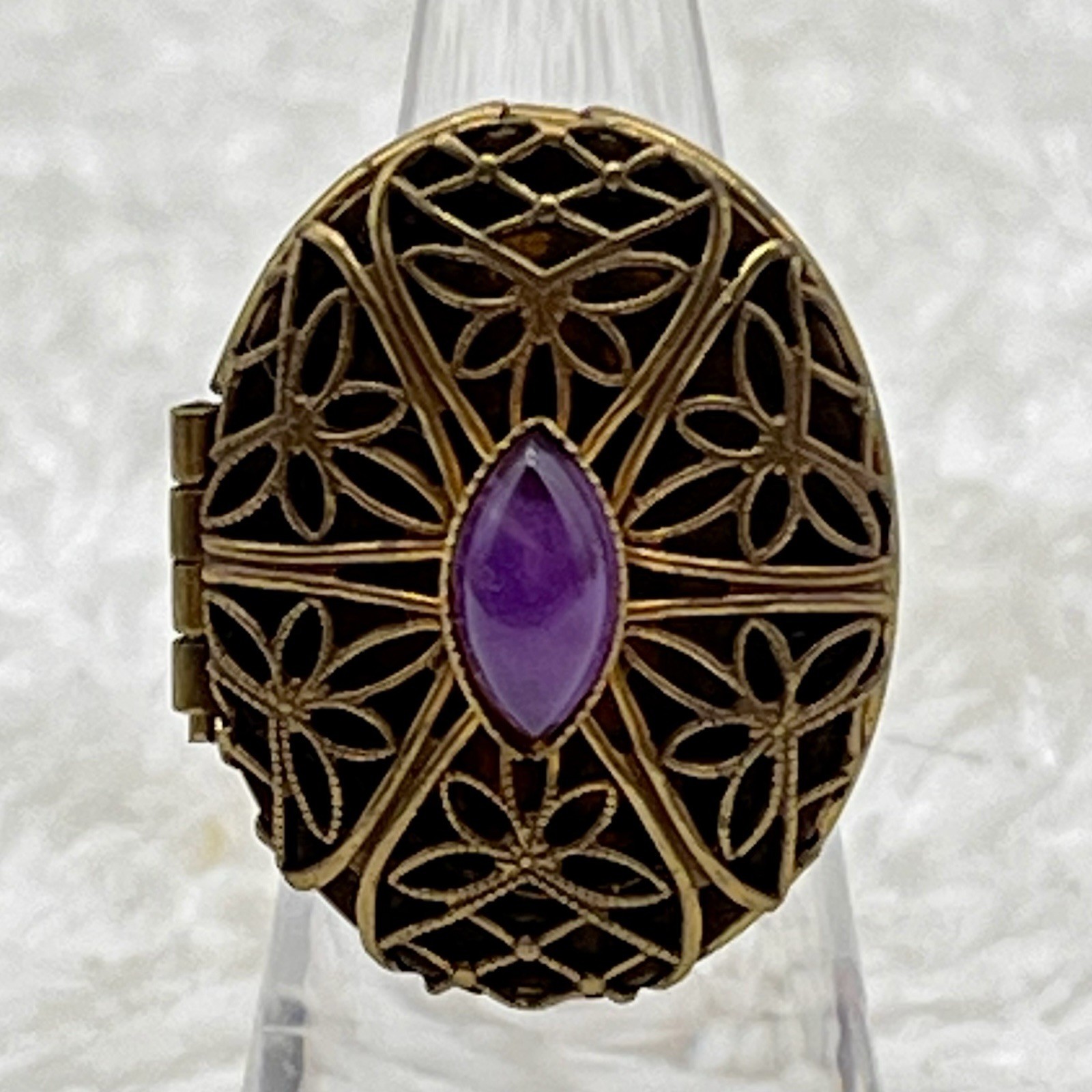 Vintage Poison Ring Bronze Tone Filigree Locket Glass Purple Stone Adjustable