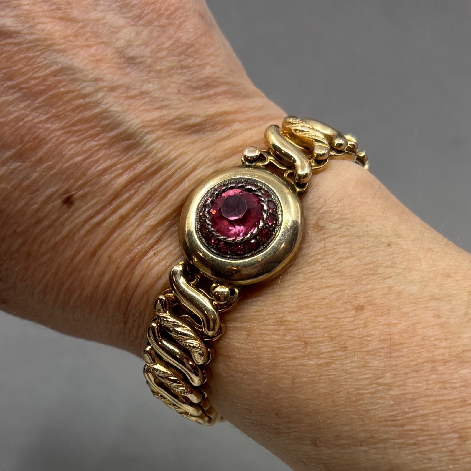 Carmen Gold Filled Sweetheart Bracelet Pink Rhinestones Retro DFB Co USA