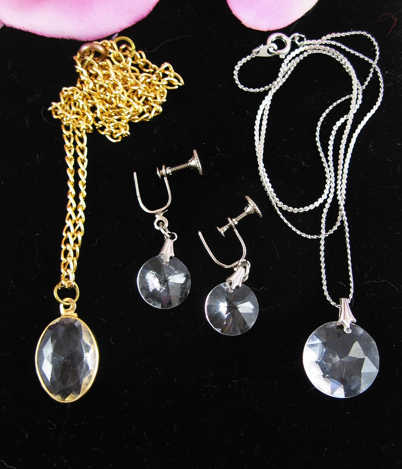 Pair of Vintage PENDANT NECKLACES & Screw Back EARRINGS Round Clear FACETS GLASS