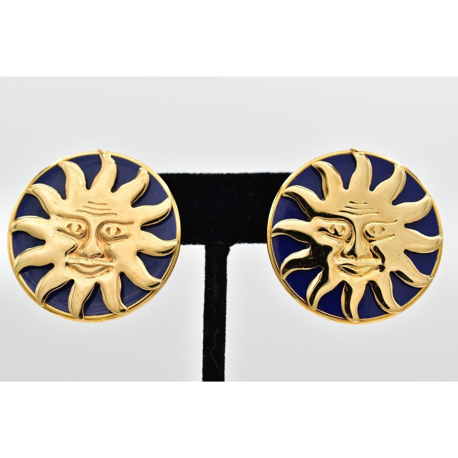 Vintage Sun Face Earrings Heavy Chunky Round Deep Blue Enamel Solar 1980s BinBK