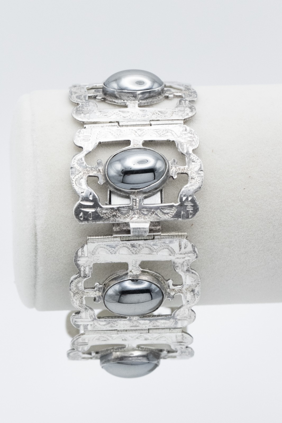 Vintage Mexican Sterling Silver Hematite Panel Link Statement Bracelet 925 53 gr