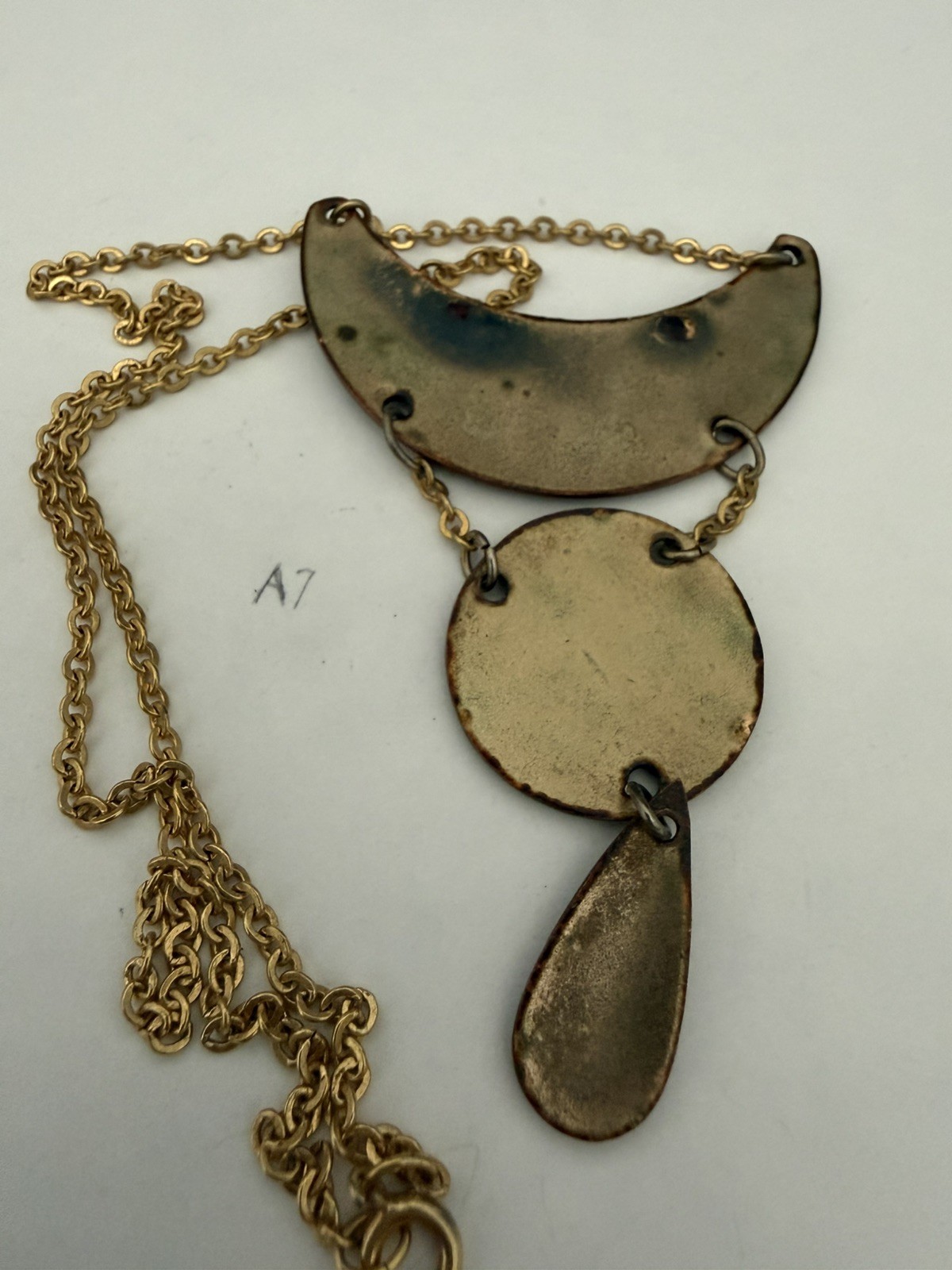 Vintage Artisan Enamel Abstract Pendant Necklace Modernist Brass Tone