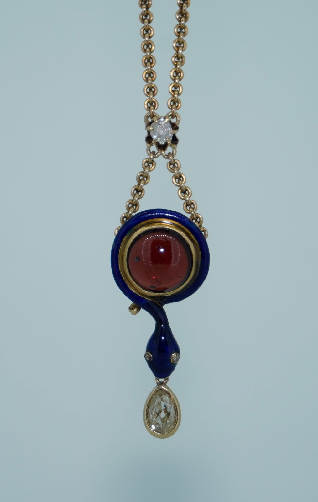 Antique 14K Enamel Snake With Diamonds & Garnet Necklace
