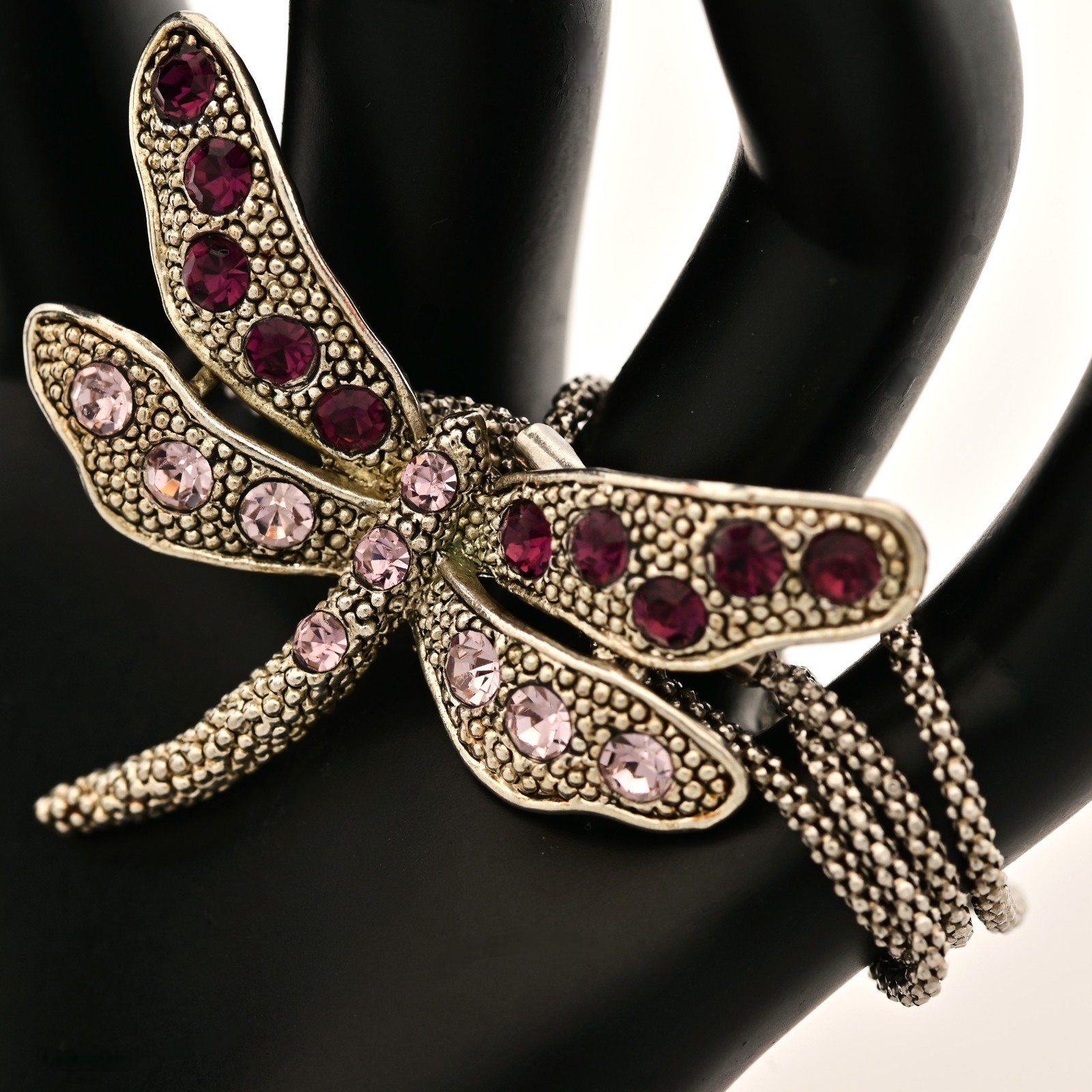 Vintage Original Sterling Silver Pink Gemstone Dragonfly Pendant Estate Necklace