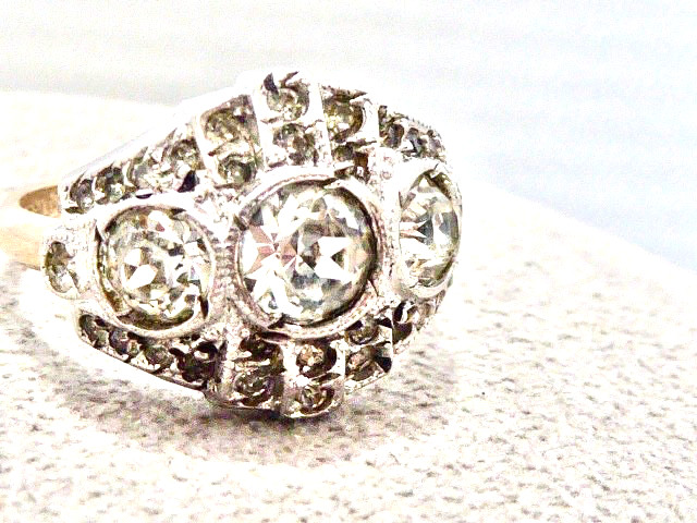 ANTIQUE EDWARDIAN 10K YG ON STERLING SILVER SIZE 6.75 CLEAR STONE RING DECO RING