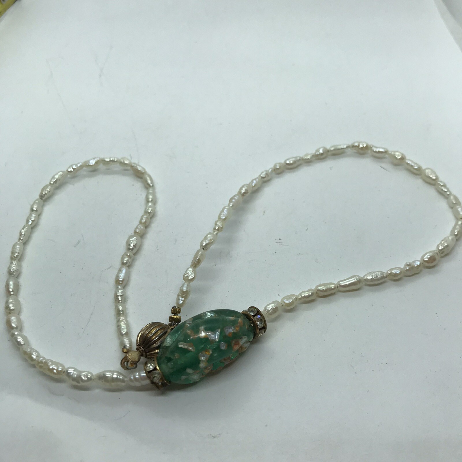 Vintage Artisan Baroque Pearl Dainty Strand Necklace Green Foil Art Glass Beach