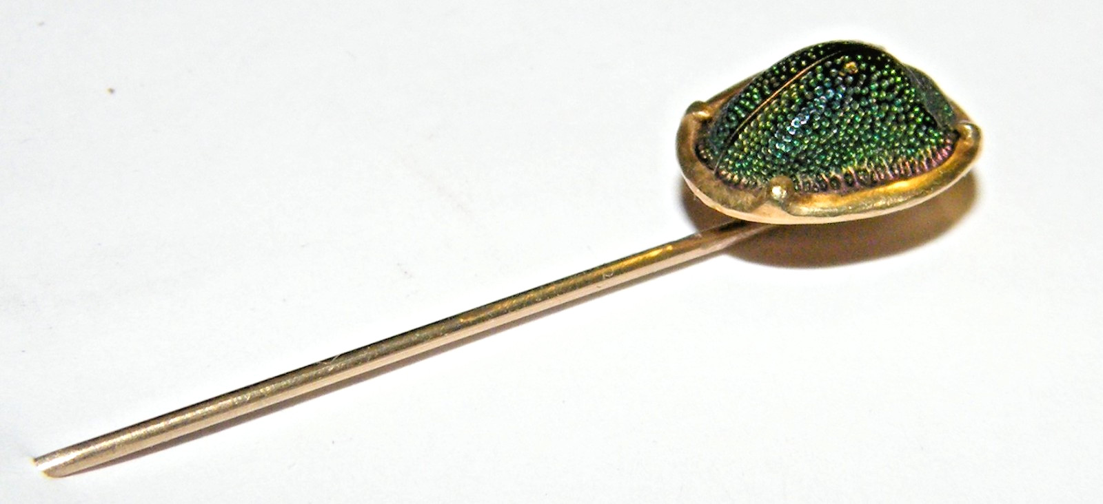14K Yellow Gold Egyptian Beetle Scarab Iridescent Green Stickpin