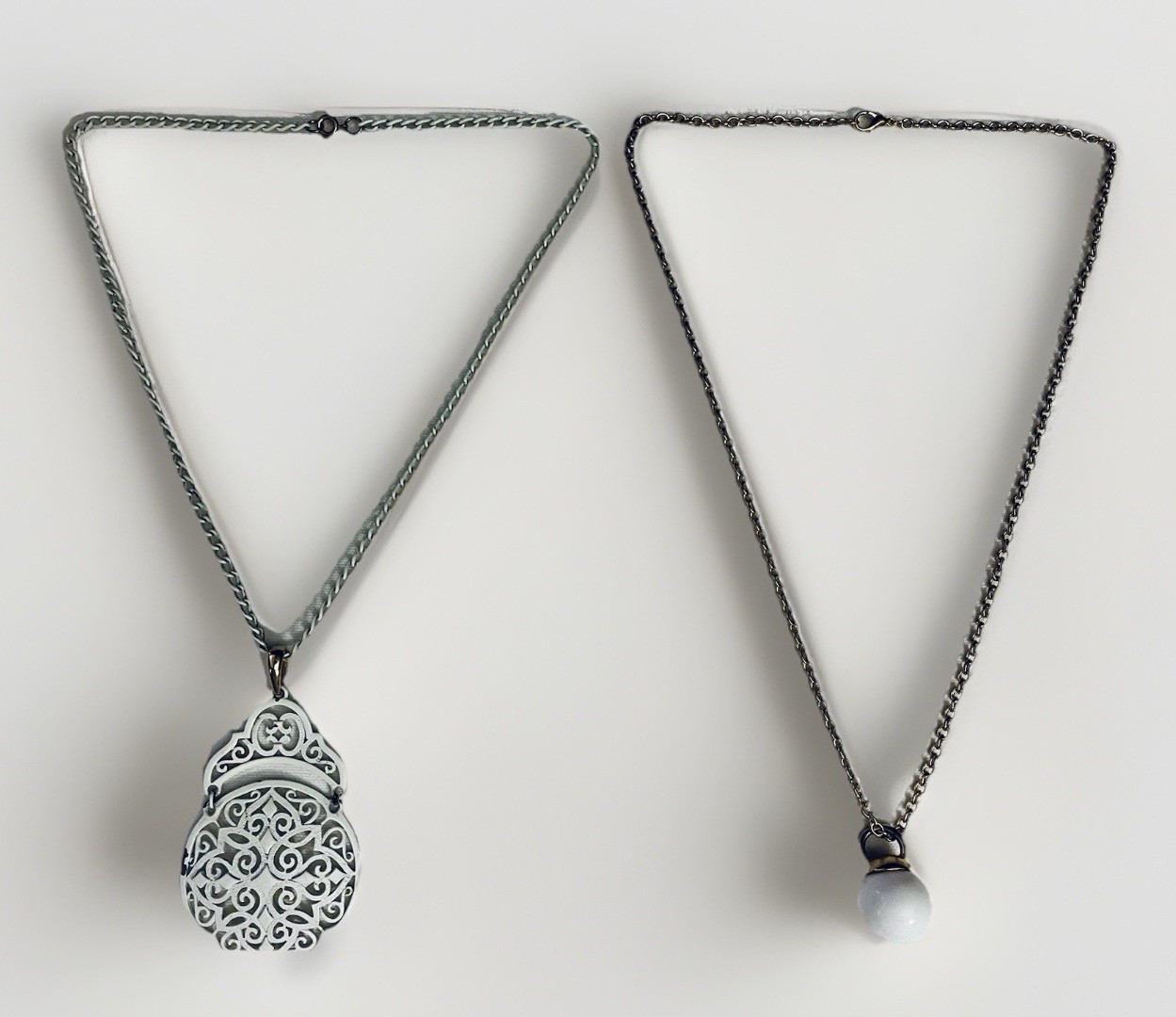 Lot 2 Vintage Longer Necklaces White Gold Tone Scroll Kettle Ball Style Pendant