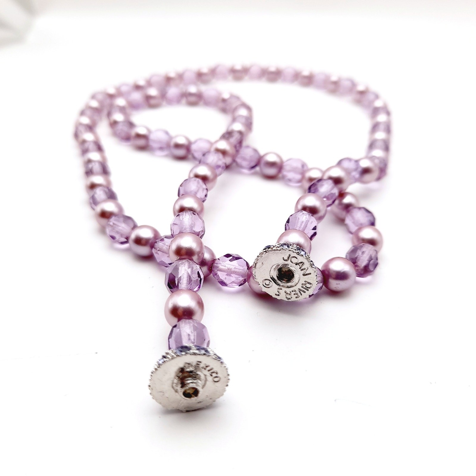 Vintage Joan Rivers Lavender Glass Pearls Crystal Beaded Necklace, Screw Clasp