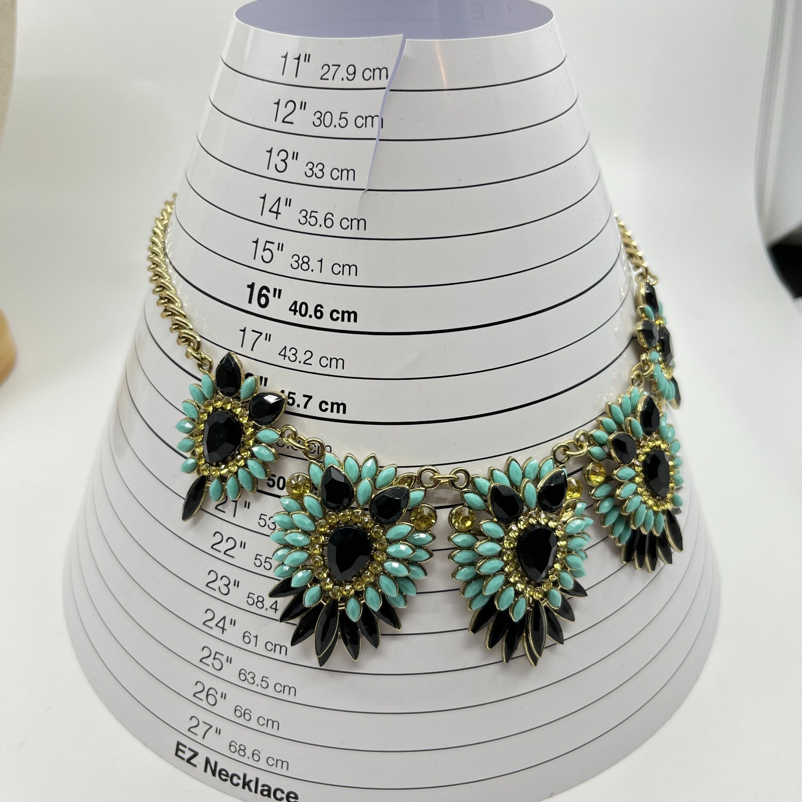VTG Y2K Statement Necklace Gold Tone Turquoise Color Black Yellow Resin Cabochon