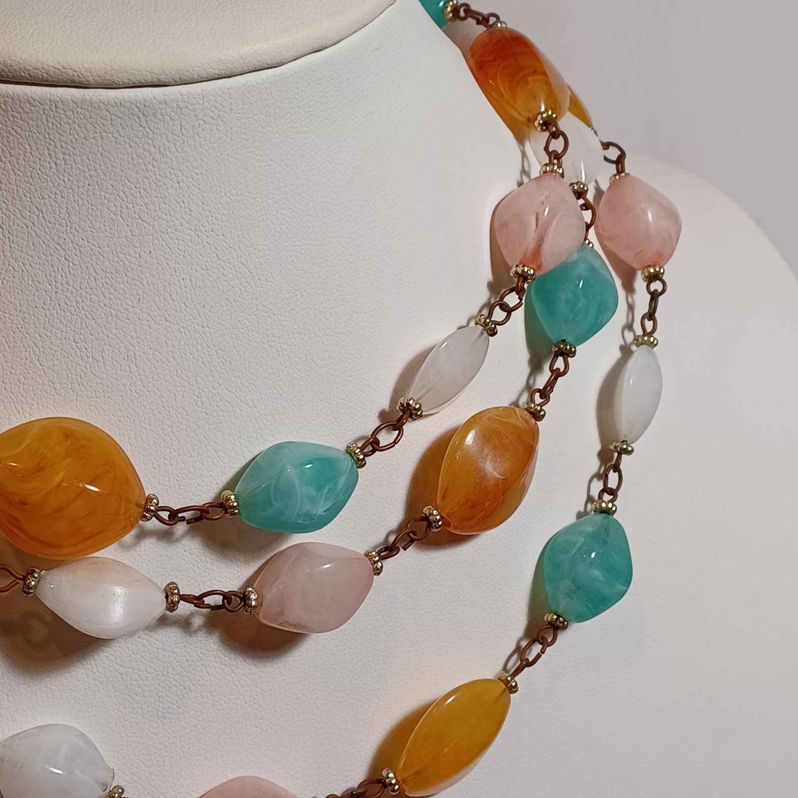 Pastel Marbled Plastic Resin Vtg Bead Chain Necklace 54in Pink, Mint, Amber, Wht