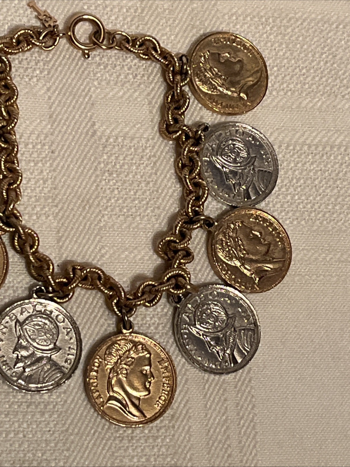 Vintage 1950s Coin Charm Bracelet Napoleon Coins Vasco Nunez de Balboa Coins 8″
