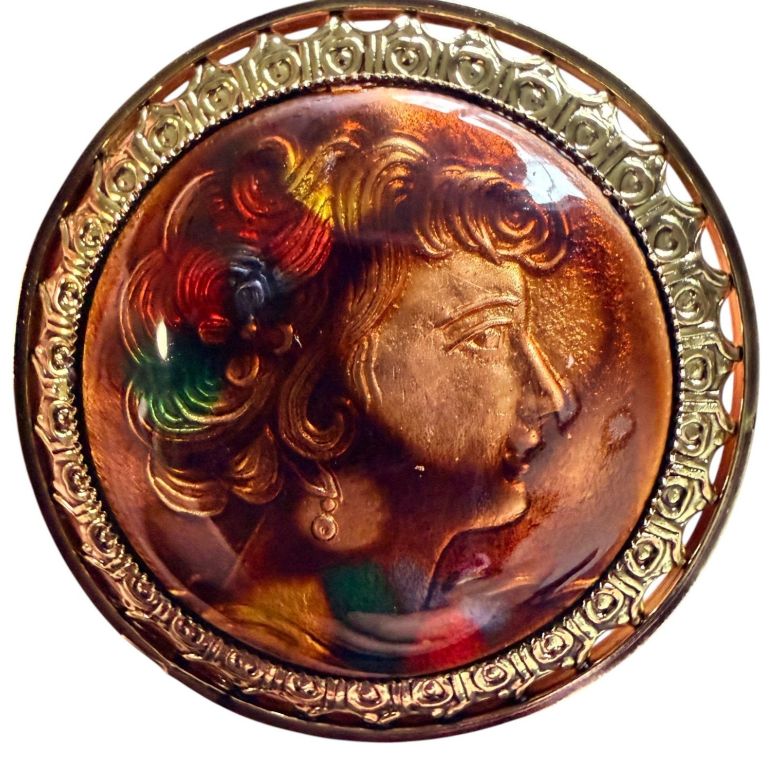 Vintage 1950s Reverse Carved Lucite Renaissance Lady Brooch New Old Stock