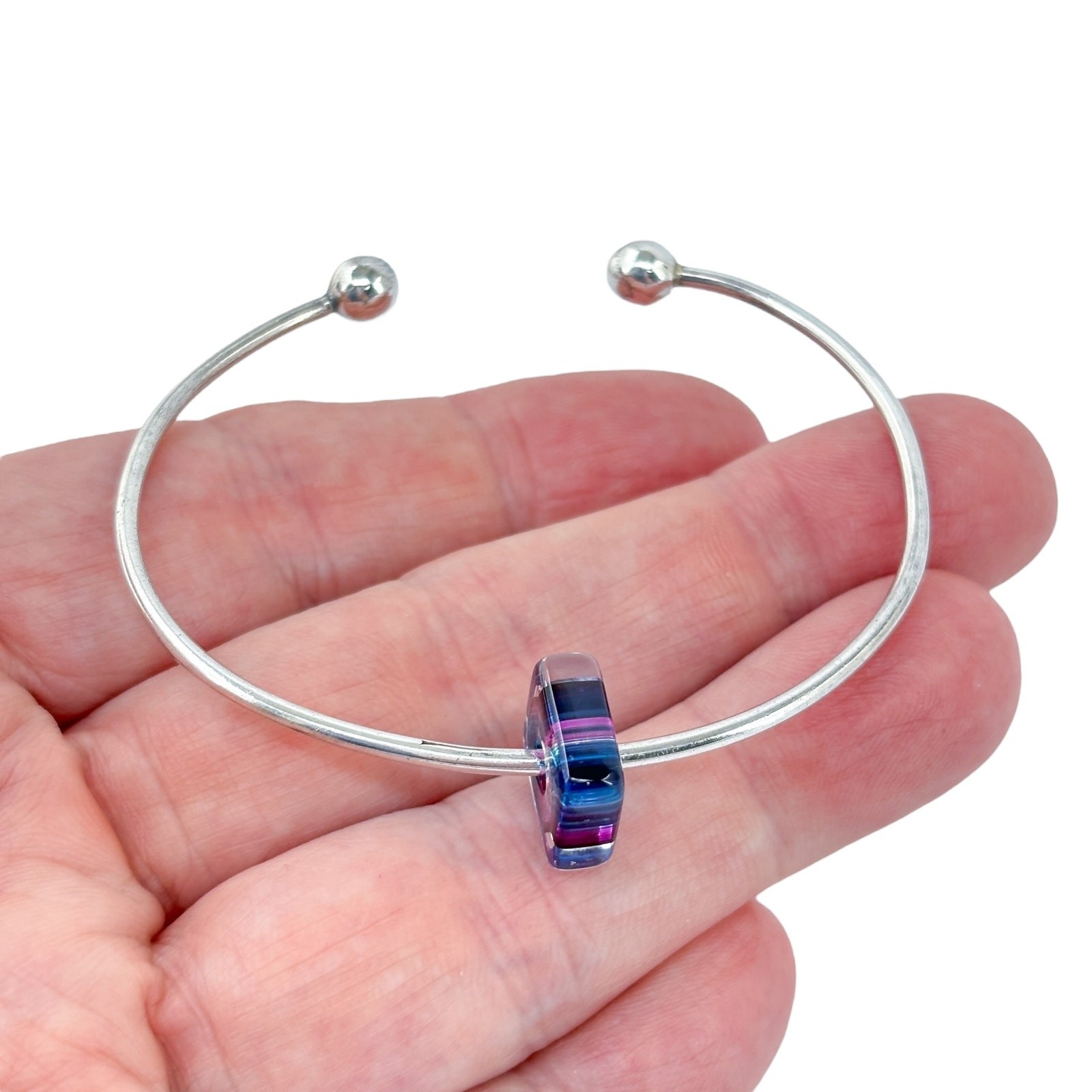 Ball Tip Cuff Bracelet | Purple Glass Charm | Vintage Sterling Silver 925 | 6.5″