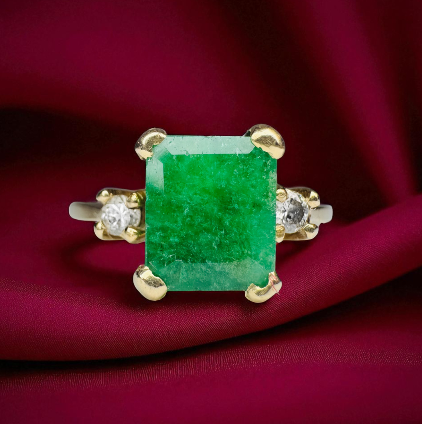 VINTAGE 14K Gold Natural Zambian Emerald & Diamond Ring 1.1CT Emerald Size 7