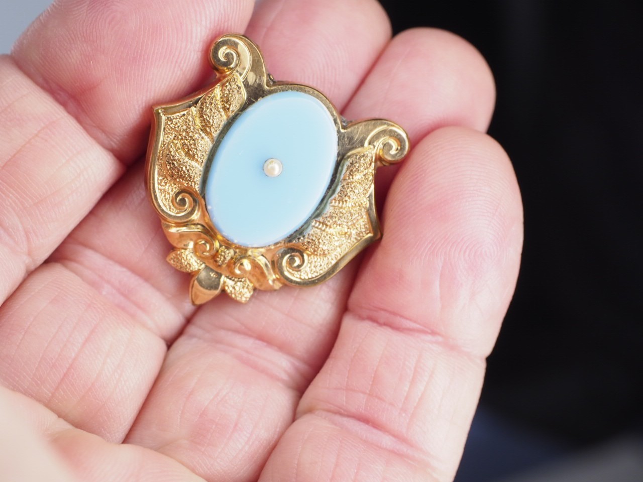 Antique gold brooch blue opaline glass hollow pin tube hinge C-clasp jewelry
