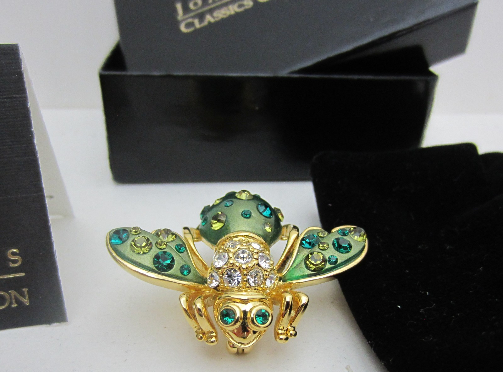 New, Vintage Joan Rivers Cosmic Bee Pin Green Crystal Enameled Gold Jewelry