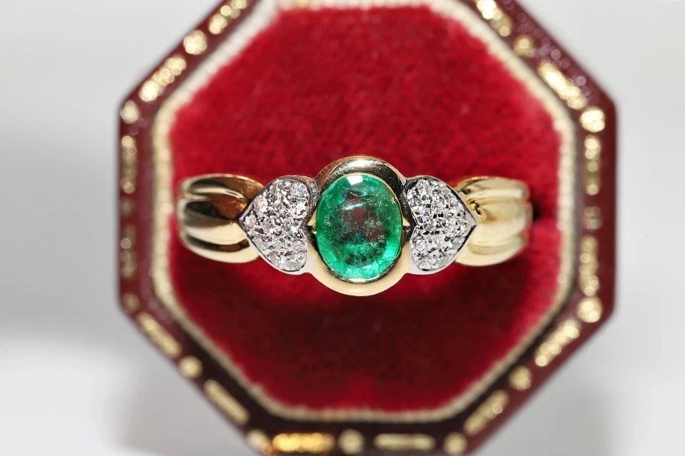 Art Deco Style 2Ct Lab Created Diamond & Emerald Engagement 14K Gold Finish Ring