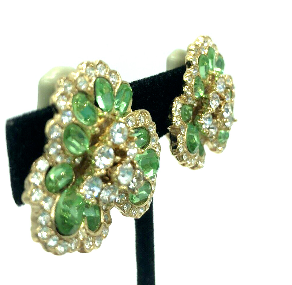Ciner Green Crystal Leaves Clover Flower Gold Tone Clip Earrings Huge Runway