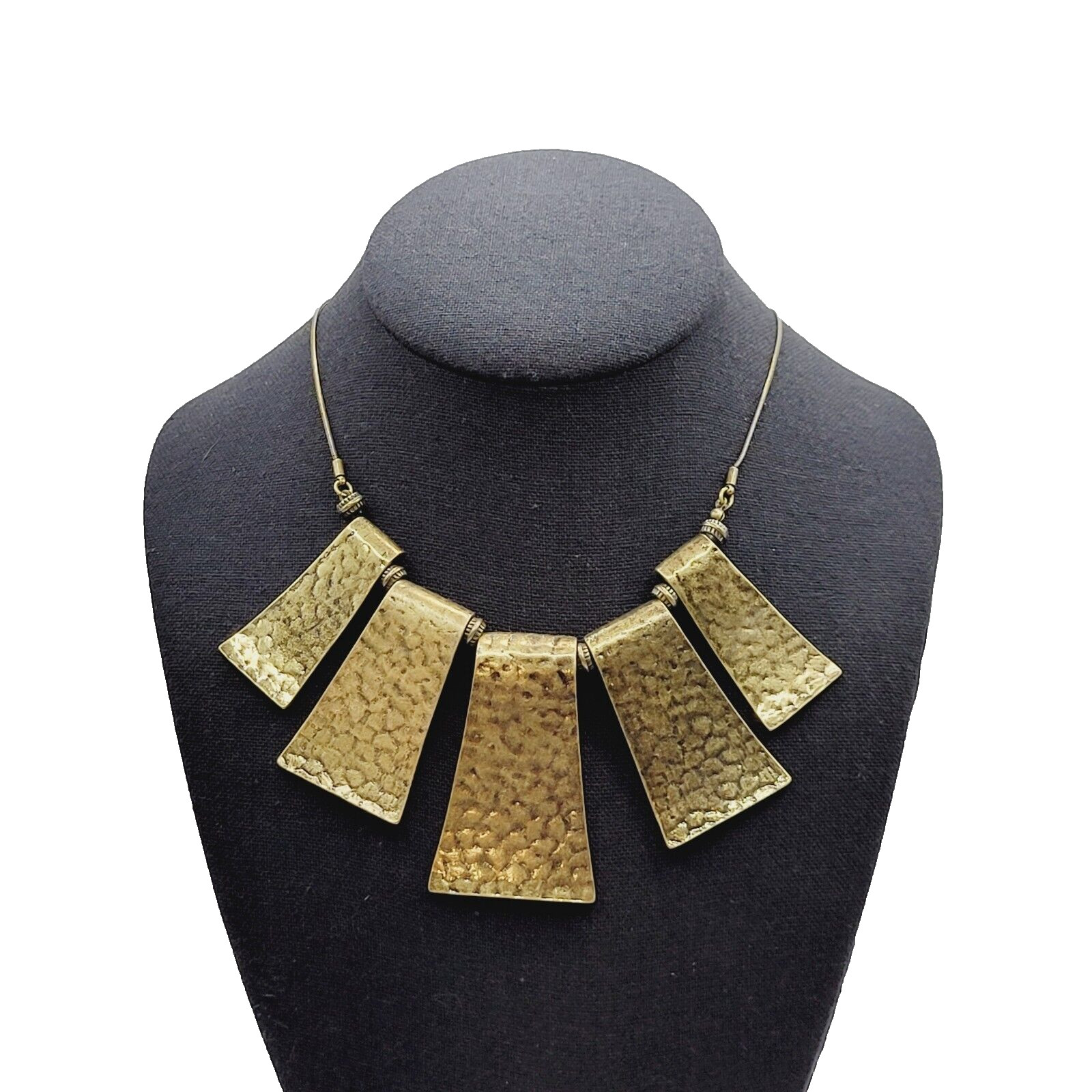 Exotic Hammered Style 5 Metal Plate Bib Necklace Brutalist Cleopatra Look 21 In