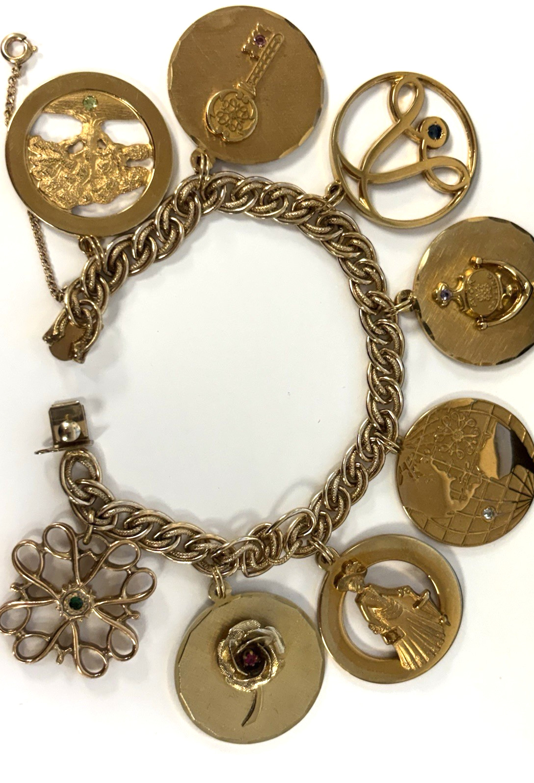 Vintage Avon 10k GF Gemstone Presidents Club Bracelet 8 Chunky Charms 85g