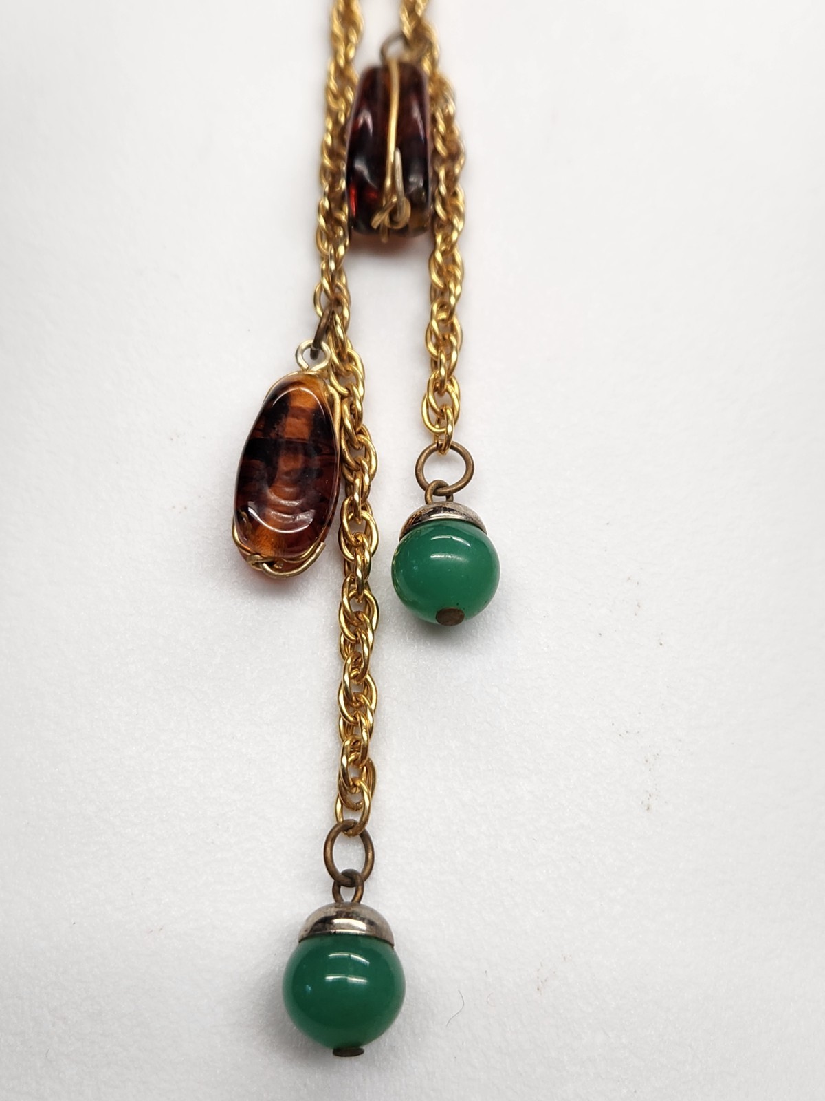 VTG Long Gold Tone Faux Agate & Chrysophase Beads Convertable Lariat Necklace