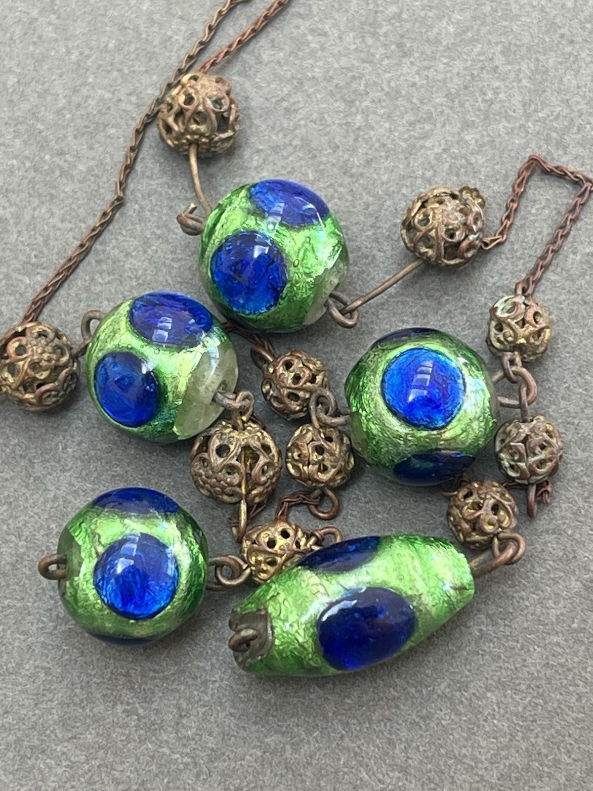 Antique Art Deco Venetian Peacock Glass Foil Necklace