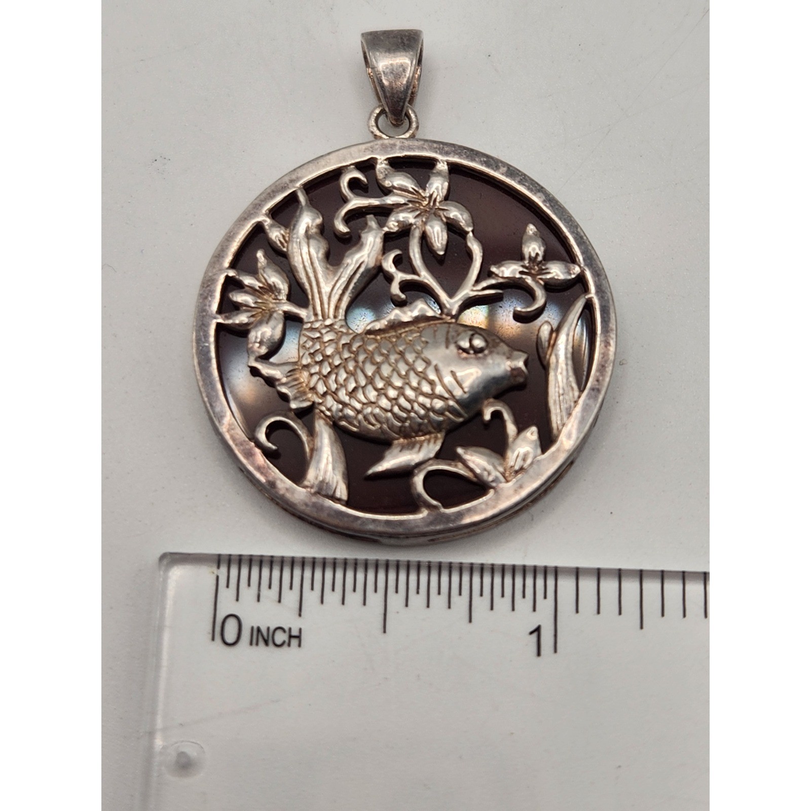 Vintage Sterling Silver Koi Fish Carnelian Pendant Round Filigree Medallion