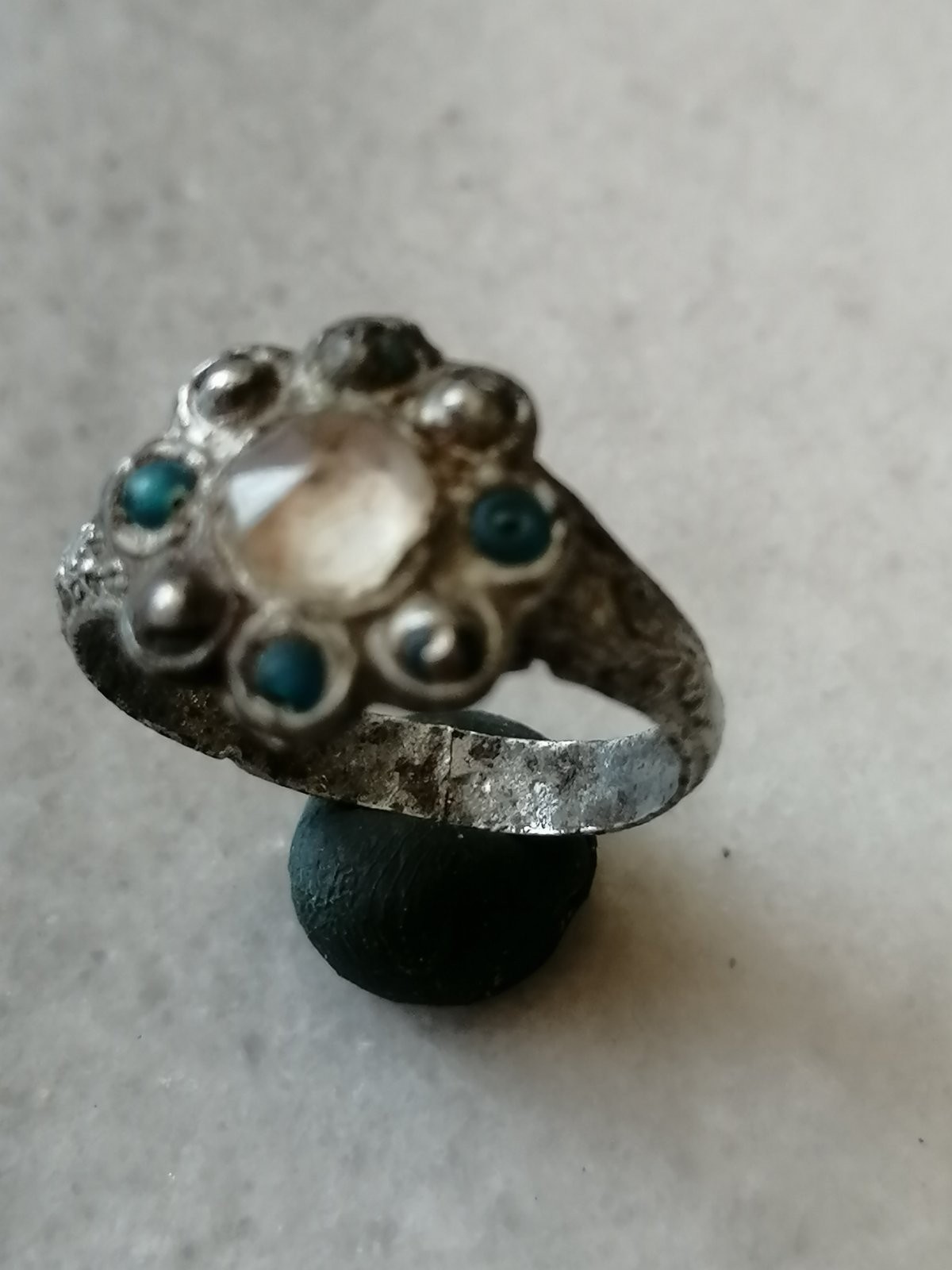 Rare Pre Georgian Alloy Silver, Zinc Ring, With Crystal Stones, US-10,5