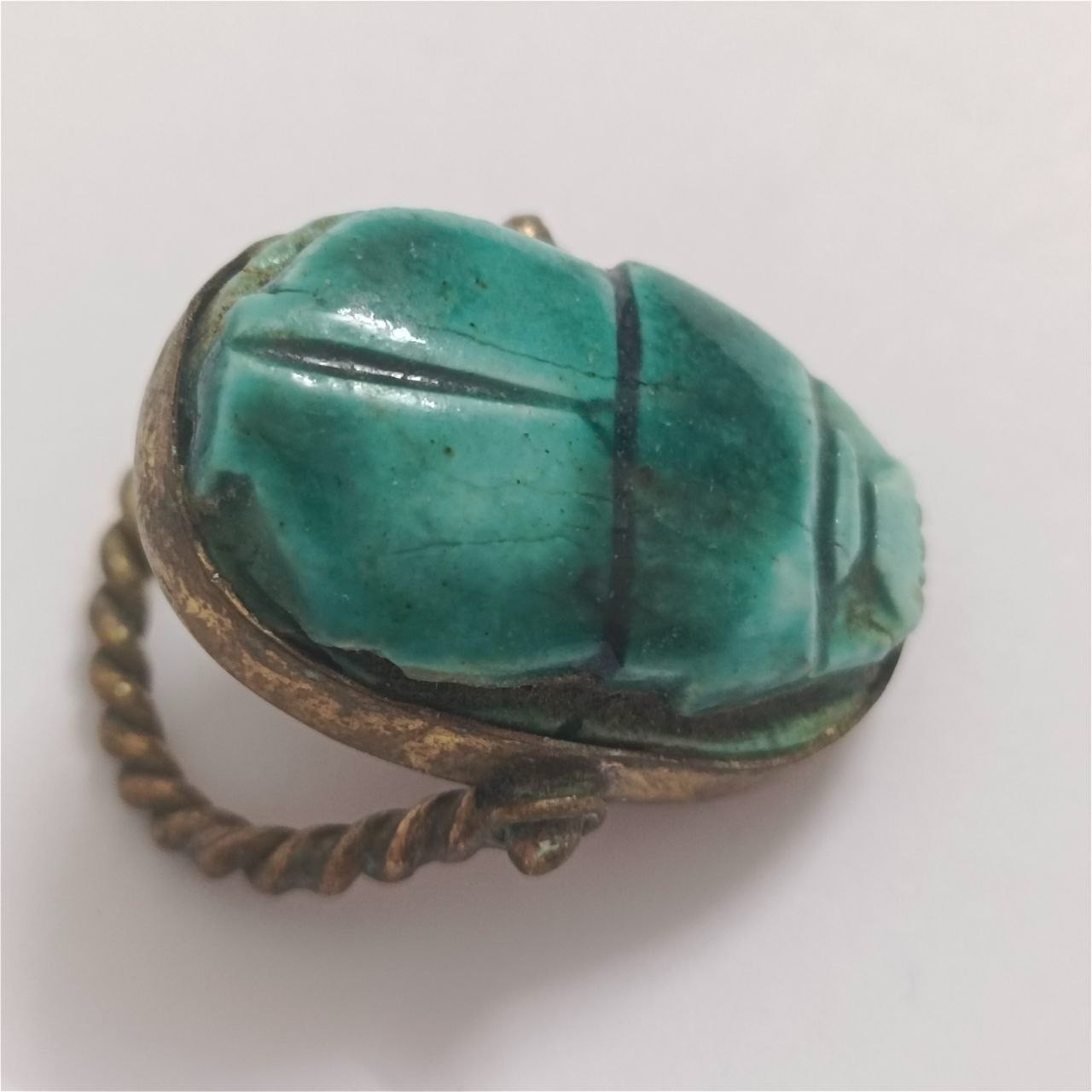 Ancient-Style Egypt Turquoise Scarab Ring Vintage Brass Setting Handmade Jewelry
