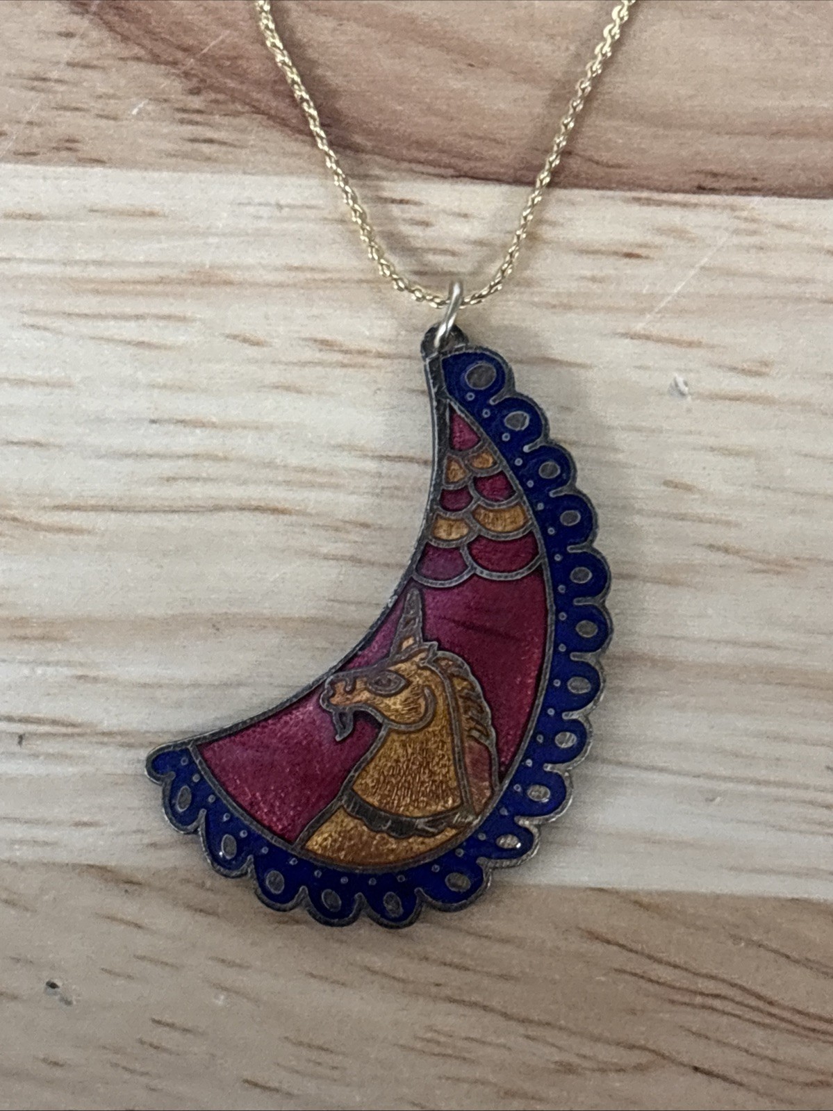 Vintage Cloisonné Unicorn Pendant Crescent Moon Shape Celestial 1.5″ x 1″