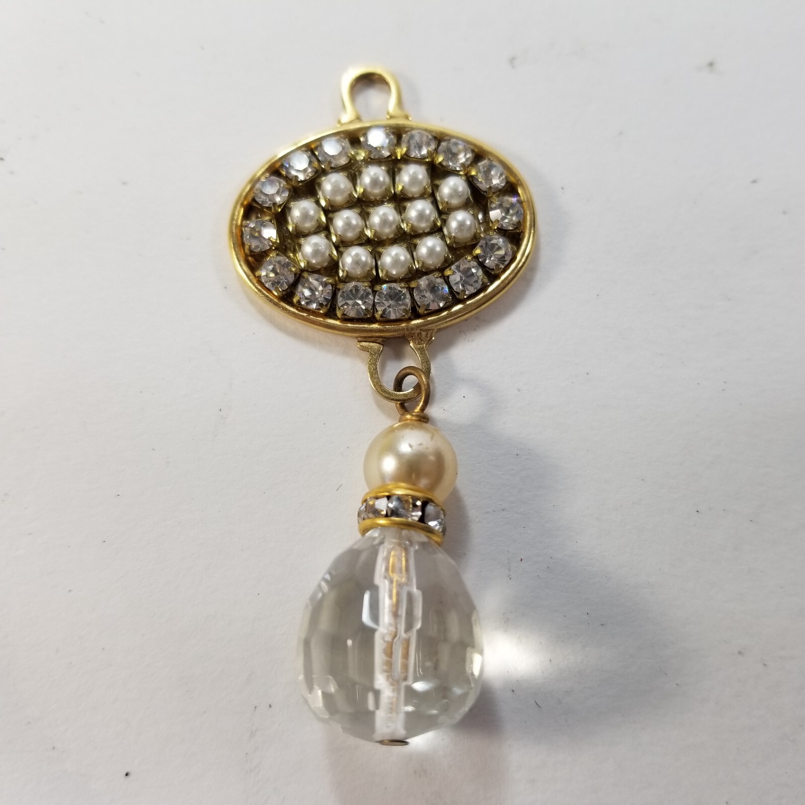 Vintage Prong Set Rhinestone Dangle Faux Pearl Pendant Gold Tone Crystal