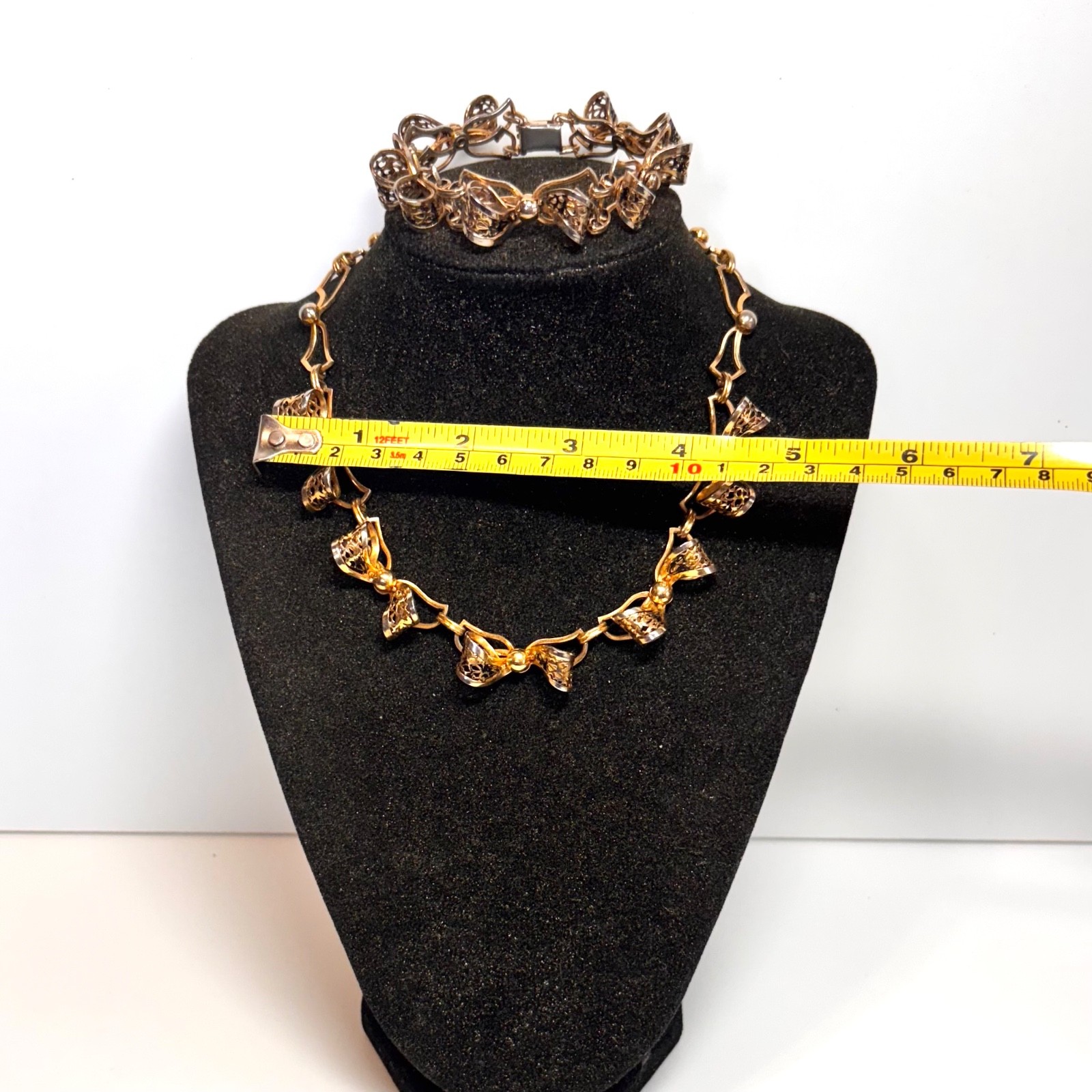 NECKLACE BRACELET SET goldtone metal bows hook + fold clasp vintage DAMAGE color