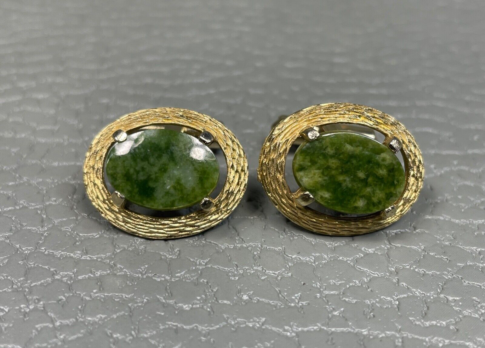 Vintage Prong Set Jade Yellow Gold Plated Cuff Links