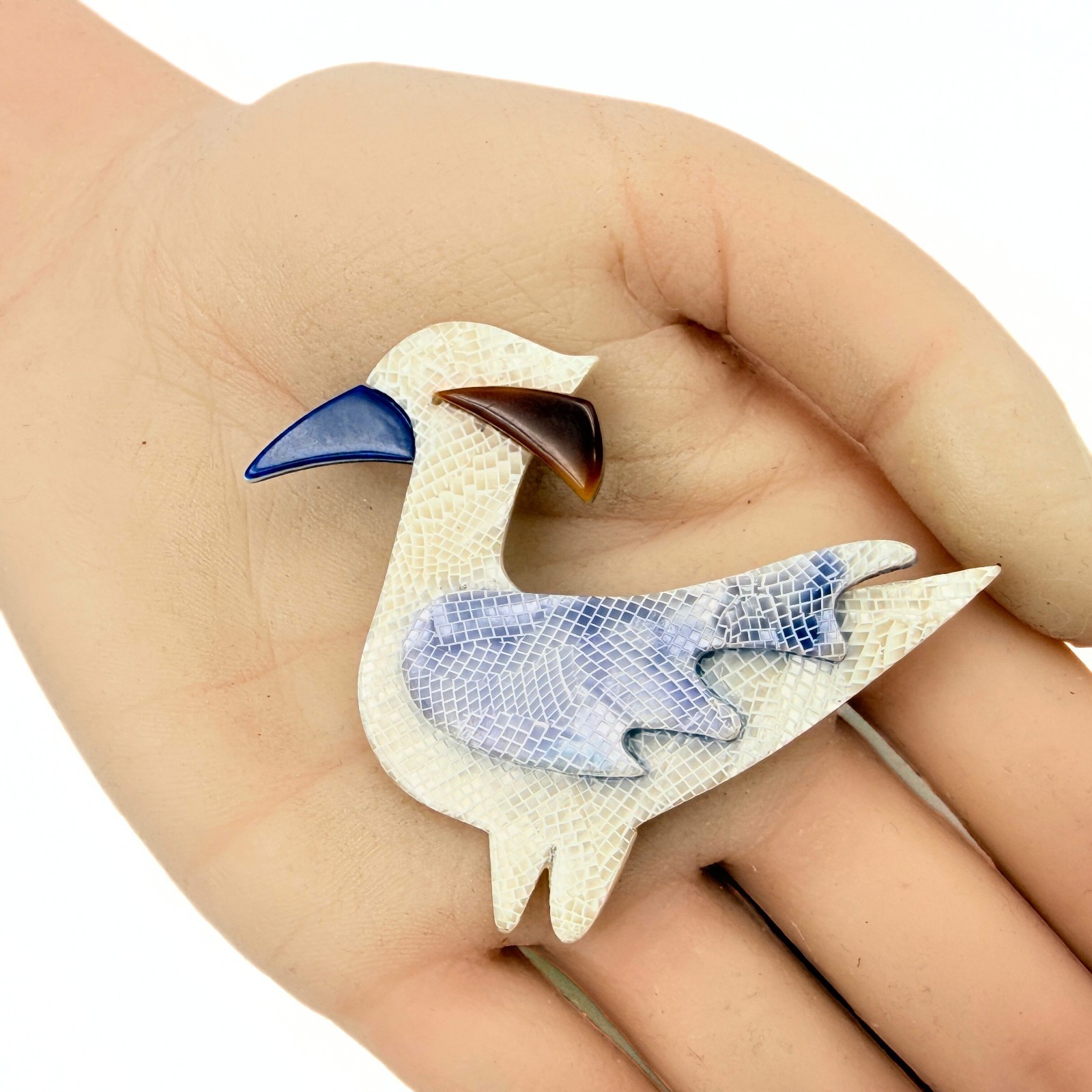 Lea Stein Marked Paris White Blue Acetate “The Cormorant” Celluloid Brooch