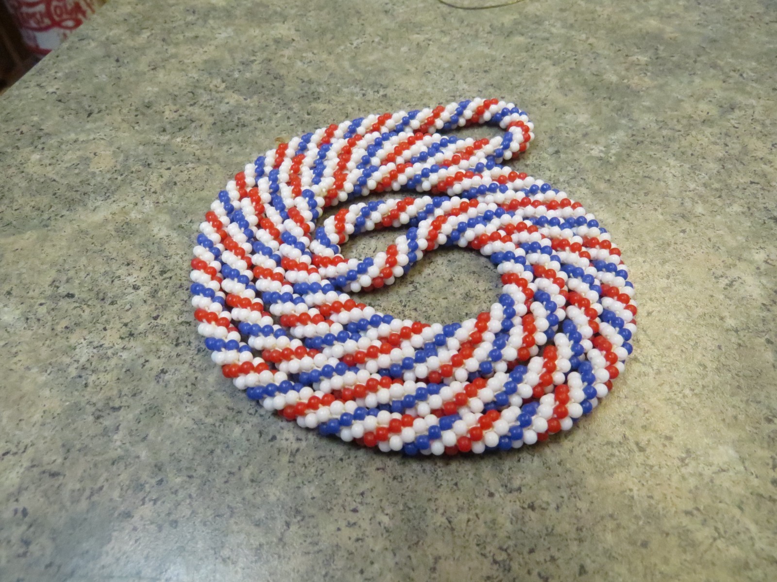 Vintage Patriotic Red White & Blue Glass Bead Necklace Extra Long 46″