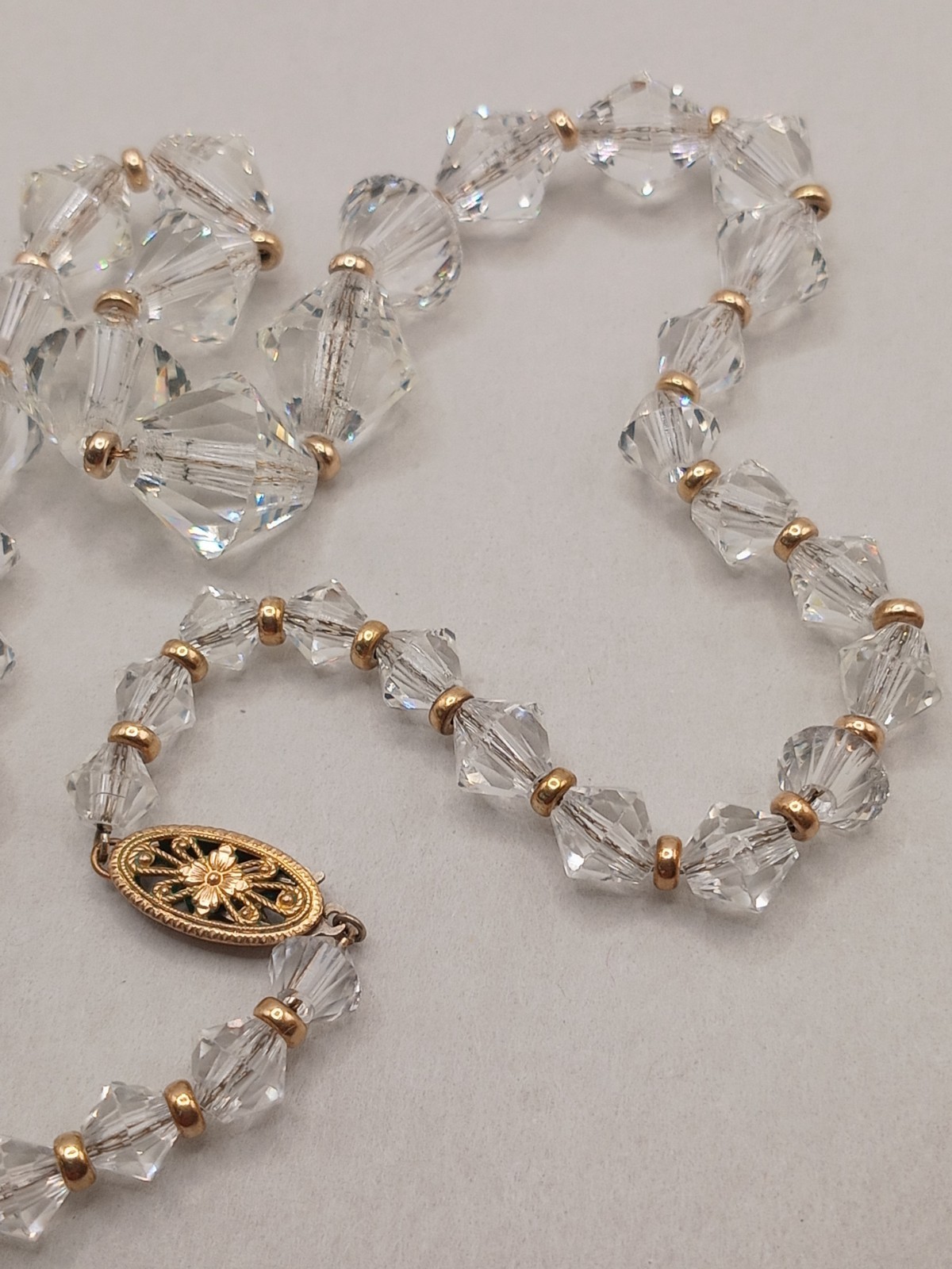 Antique Faceted Graduated Crystal Necklace W/Gold Filled Clasp&Spacer Beads
