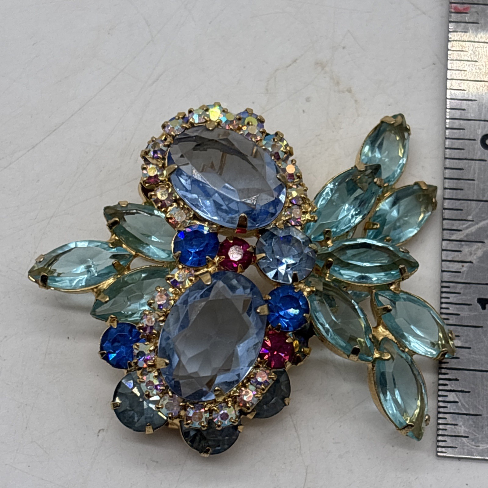 Juliana D&E Brooch/Pin OWL Aquamarine & Turquoise Rhinestone 2×2” Beautiful