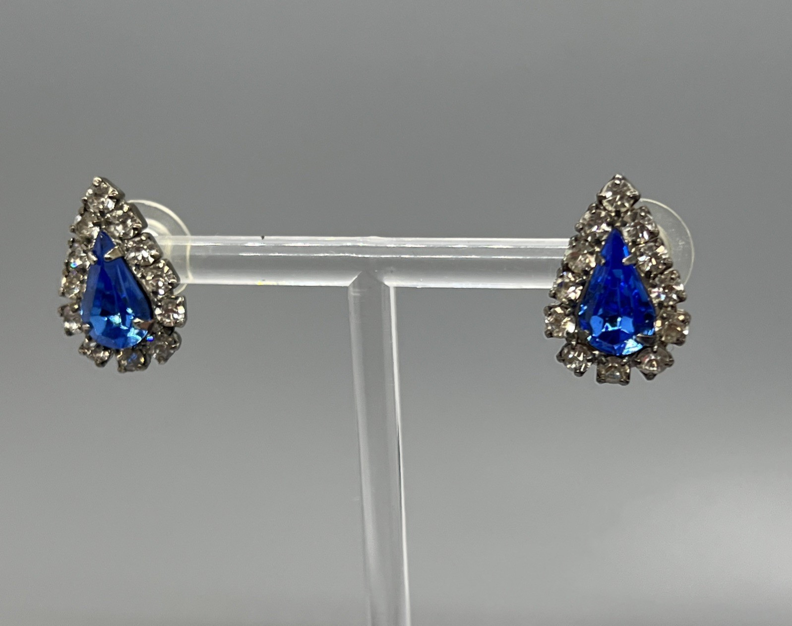Vintage Teardrop Rhinestone Earrings Blue & Clear Crystal Accent Post Pierced El