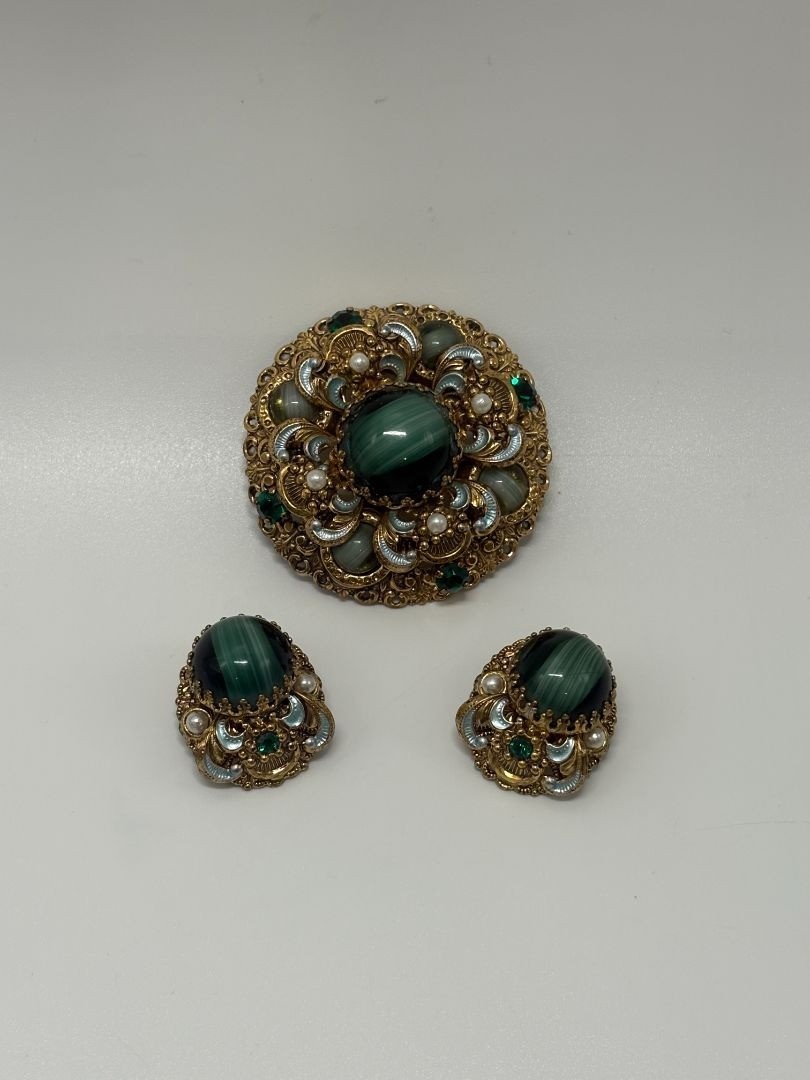 W. Germany Gold/Green Vintage 1950s Layered Filigree Brooch & Earrings Parure Se