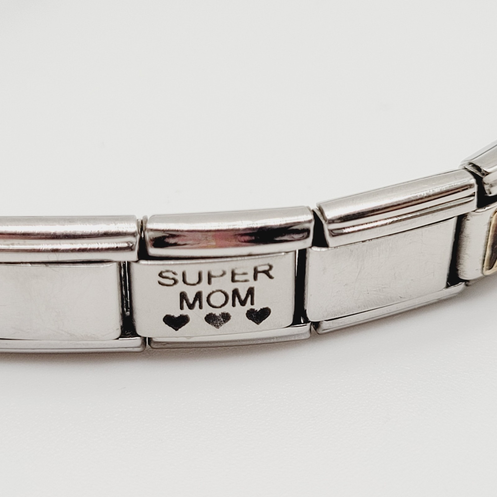 Vintage Italian Style Modular Stainless Steel Charm Bracelet w Mom USA Flag Dog