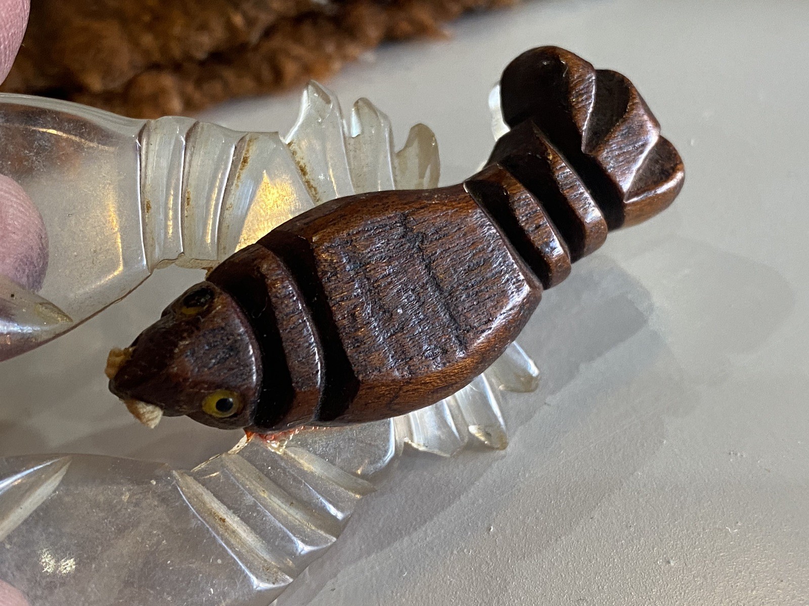 Vintage WWII Era Lucite Wood Lobster Figural Brooch Wartime Novelty Pin 1940s