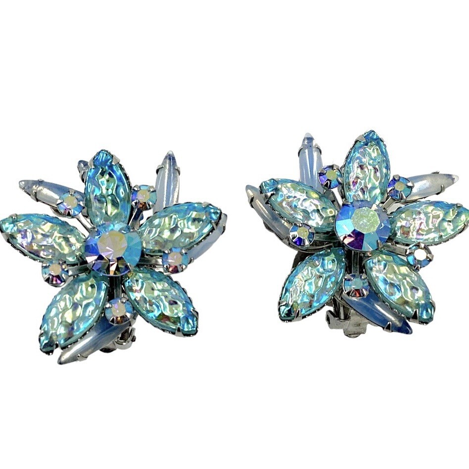 Vintage Judy Lee Blue Iridescent Glass Floral Clip Earrings AB Rhinestone 1960s