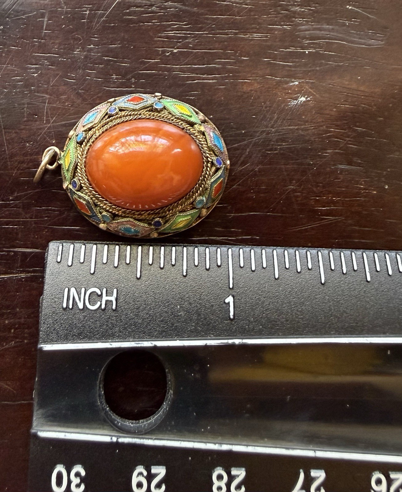 Vintage Chinese Export Enamel Filigree Pendant w/ Rich Orange Butterscotch Amber