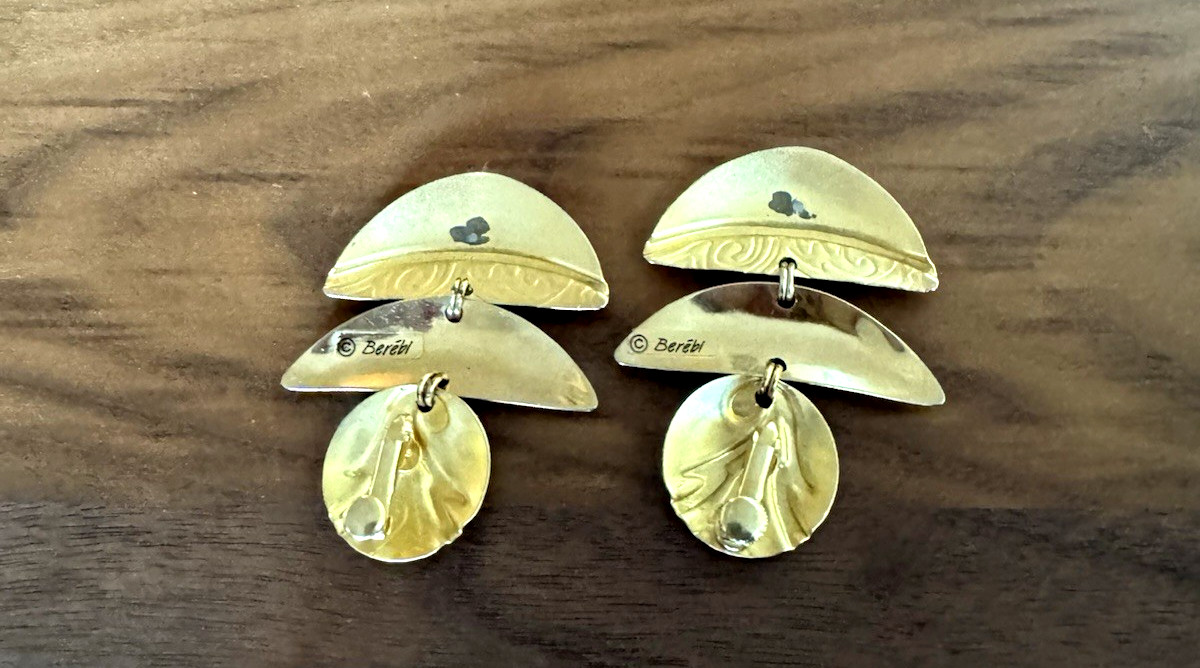 Edgar Berebi Enamel Dangle Earrings – Sculptural Modernist Gold Tone Vintage