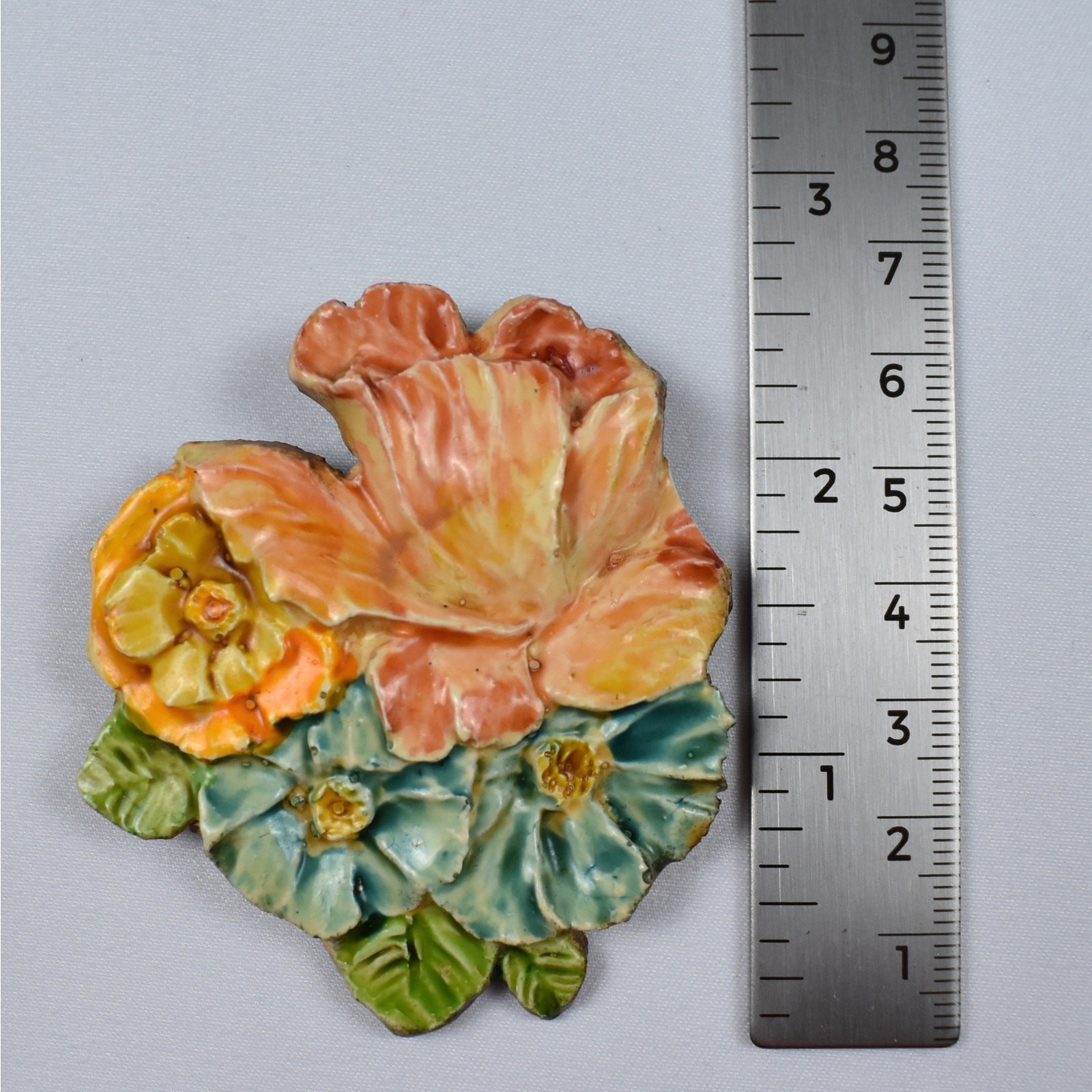 Vintage 1950s West Germany Glossy Floral Brooch Pin Hand Painted Sculpted MCM