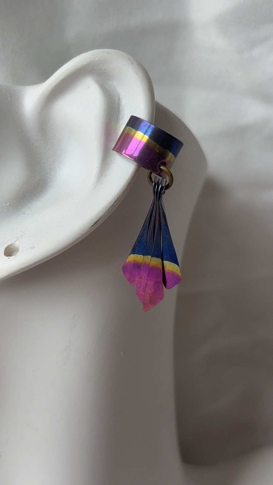 Vintage Anodized Titanium Ear Cuff, Dangle, Drop Purple Blue Yellow