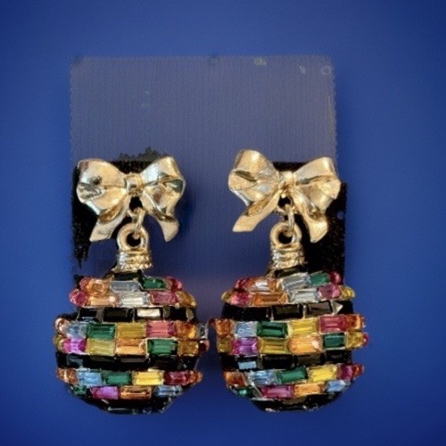 Vintage Glass Beaded Multi Color Gold Tone Holiday Ornament Drop Earrings-Rare!