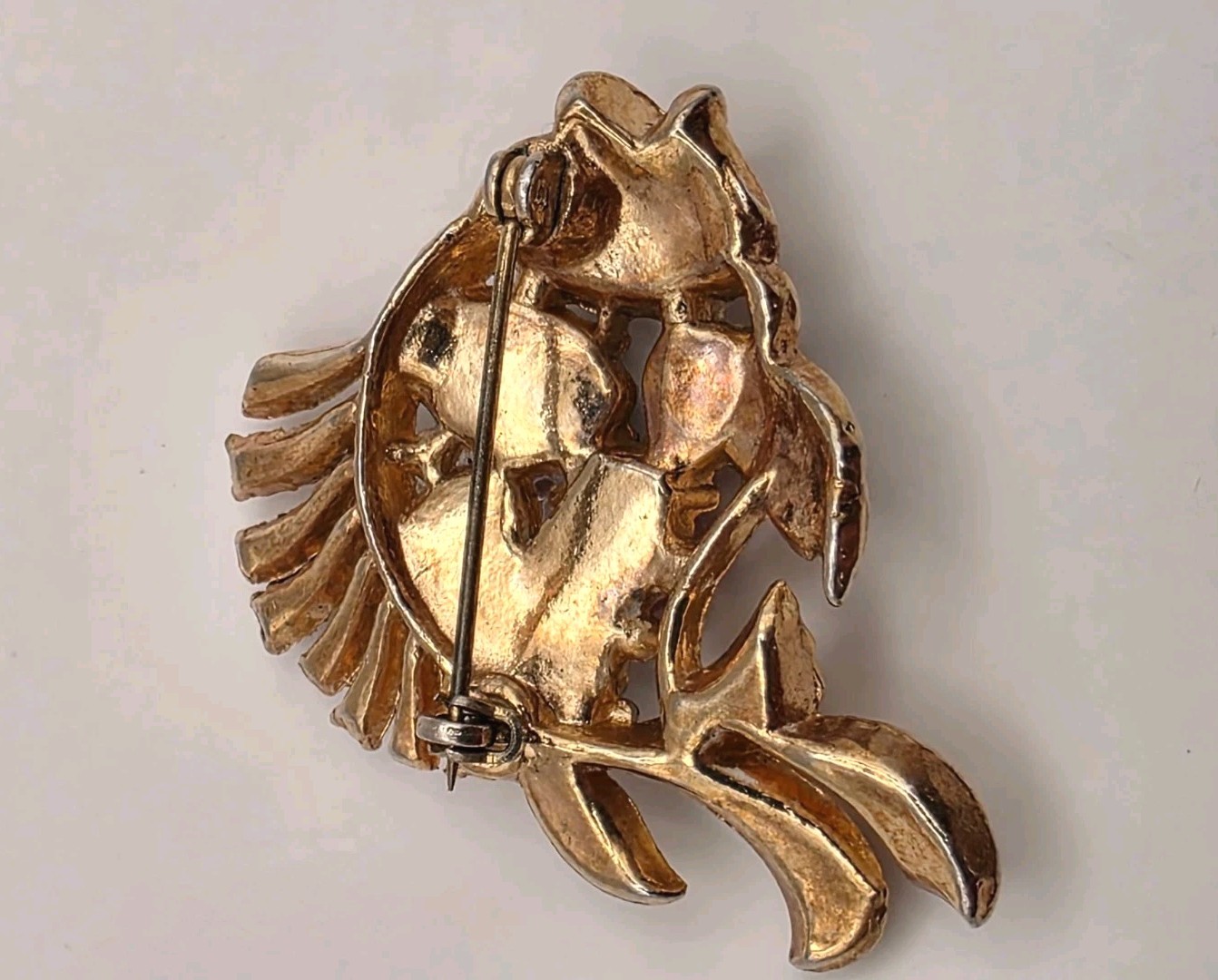 Vintage Pink, White, Blue Pressed Glass W/Crystals Tutti Frutti Fish Brooch
